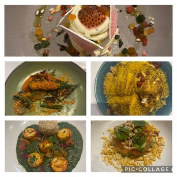 The Cinnamon Club - From top, clockwise- kulfi dessert, papdi chaat, smoked salmon appetizer, saag paneer entree and okra with peanuts vegetable course. - Indian Near Me - London, XGL The Cinnamon Club - From top, clockwise- kulfi dessert, papdi chaat, smoked salmon appetizer, saag paneer entree and okra with peanuts vegetable course. - Indian Near Me - London, XGL