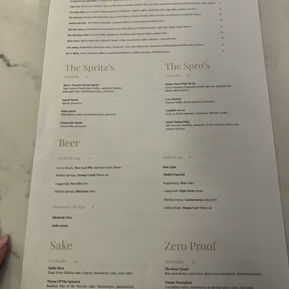 Bosc Modern Bar + Kitchen - Drink menu - New American Near Me - Tampa, Florida