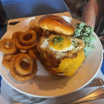 Eagle House Restaurant - Brunch burger with onion rings - American Near Me - Williamsville, New York