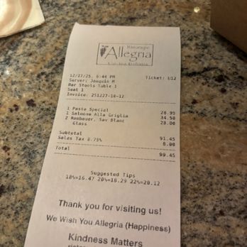 Ristorante Allegria - The bill - Italian Near Me - Napa, California Ristorante Allegria - The bill - Italian Near Me - Napa, California
