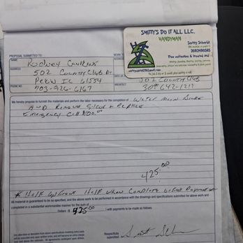 Smittys Do It all - Original invoice for $425.00 and agreed total new invoice $500.00 so he is overpaid $300.00 - Handyman Near Me - Pekin, Illinois