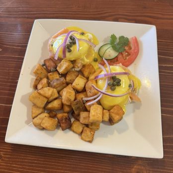 Hidden Cuisine - Eggs Benedict with salmon and fried potatoes. - Breakfast & Brunch Near Me - Moab, Utah Hidden Cuisine - Eggs Benedict with salmon and fried potatoes. - Breakfast & Brunch Near Me - Moab, Utah