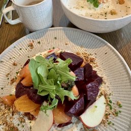 Mushroom soup and beet salad