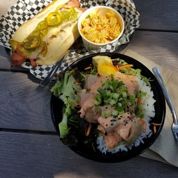 Bonsai Brewing Project - Stray Dog with pasta salad and Ahi for Real rice bowl. - Breweries Near Me - Whitefish, Montana