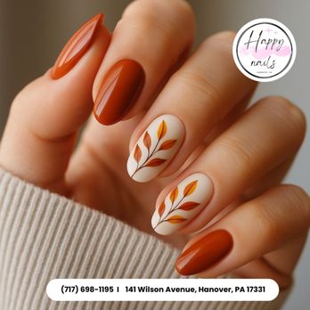Happy Nails - Warm tones and delicate leaf art that whisper autumn elegance with every touch. Schedule your nail session now! - Nail Salons Near Me - Hanover, Pennsylvania Happy Nails - Warm tones and delicate leaf art that whisper autumn elegance with every touch. Schedule your nail session now! - Nail Salons Near Me - Hanover, Pennsylvania