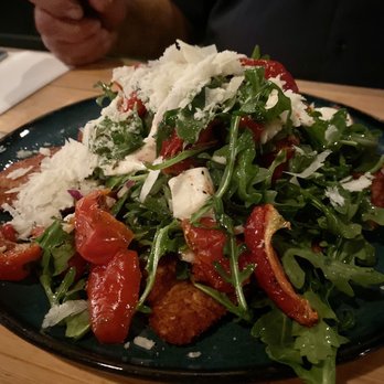 Chef Mike's ABG - Chicken (Milanese?) - delicious chicken w/ 'salad' - arugula, roasted tomatoes & peppers, white balsamic glaze. - Seafood Near Me - Seaside Park, New Jersey Chef Mike's ABG - Chicken (Milanese?) - delicious chicken w/ 'salad' - arugula, roasted tomatoes & peppers, white balsamic glaze. - Seafood Near Me - Seaside Park, New Jersey