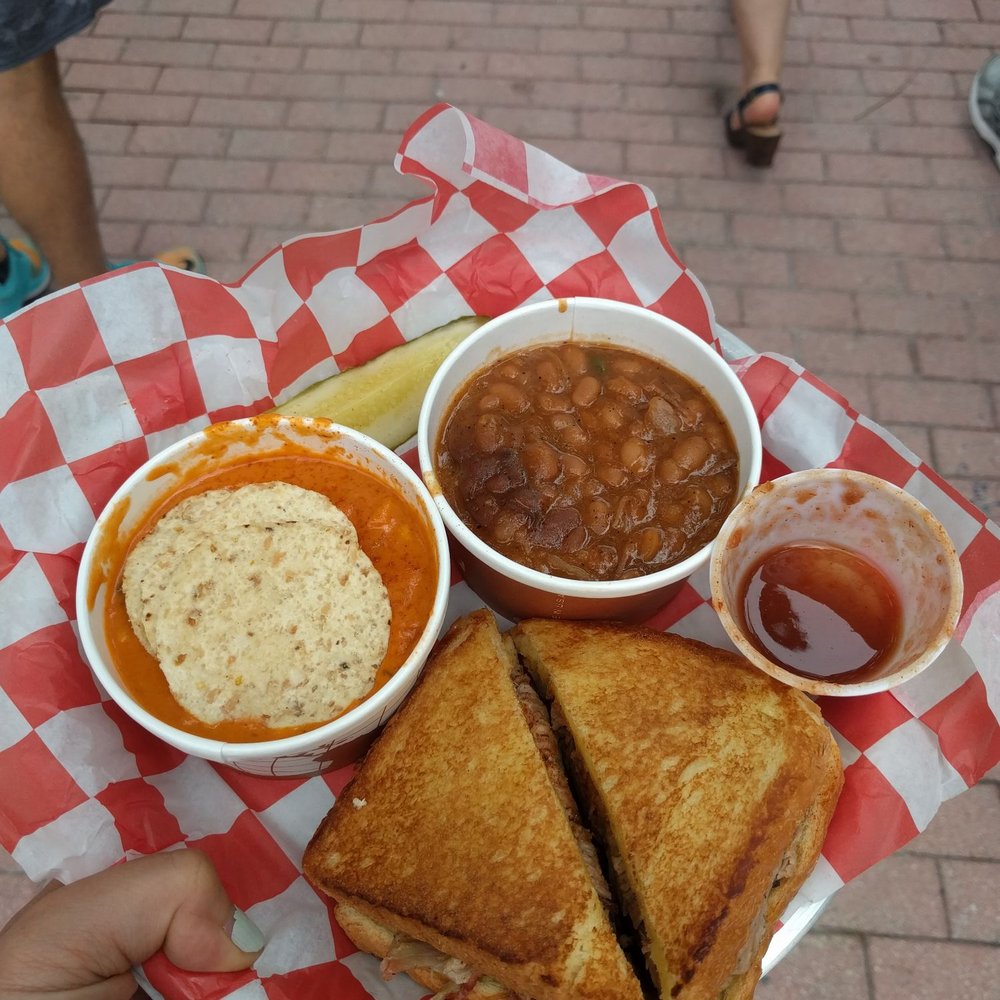 Barefoot BBQ - Pulled pork platter, comes with two sides. I chose baked beans and the side of the day; chicken Baja soup. - Barbeque Near Me - Seaside, Florida Barefoot BBQ - Pulled pork platter, comes with two sides. I chose baked beans and the side of the day; chicken Baja soup. - Barbeque Near Me - Seaside, Florida