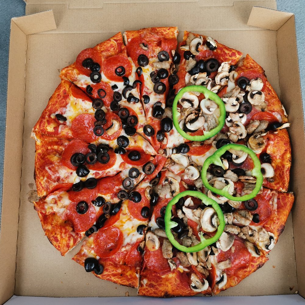 Pie@Trios - Road ready to Portland. Large half pepperoni + black olives and half combination. Cut your own bell peppers. - Pizza Near Me - Longview, Washington