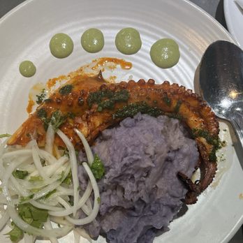Parada - Pulpo a la Parilla( octopus with purple potatoes, salsa fusion, cilantro jalepeno crema - Peruvian Near Me - Walnut Creek, California Parada - Pulpo a la Parilla( octopus with purple potatoes, salsa fusion, cilantro jalepeno crema - Peruvian Near Me - Walnut Creek, California