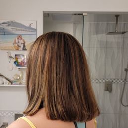 Right side of whole head highlights,  toner and styling