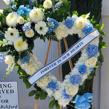 Funeral flowers for less - Fannie Taylor's Heart Spray Blue and White Theme - Florists Near Me - La Mirada, California