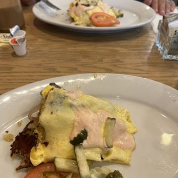 First Street Haven - 1/2 of hamburger omelet. The other half is on the second plate. - Breakfast & Brunch Near Me - Port Angeles, Washington