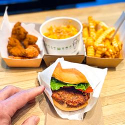 Our meal - chicken bites, mac 'n' cheese, cheesy fries, and 'Shroom burger.