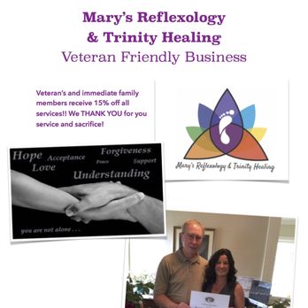 Mary's Reflexology & Trinity Healing - Veteran friendly business. We offer 20% percent off to all vets and their immediate family as a Thank You for their service. - Reiki Near Me - Tyler, Texas Mary's Reflexology & Trinity Healing - Veteran friendly business. We offer 20% percent off to all vets and their immediate family as a Thank You for their service. - Reiki Near Me - Tyler, Texas