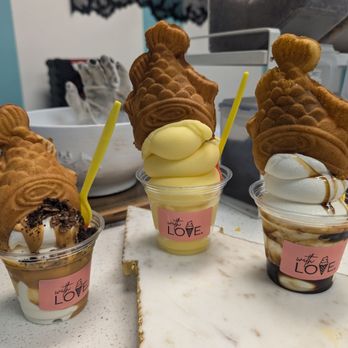With Love, - Pure milk with Reese's Peanut butter drizzle,   Pineapple dole whip, and pure milk with black sugar drizzle - Ice Cream & Frozen Yogurt Near Me - San Gabriel, California