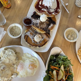 Urban Egg - Belleview - Buttermilk Biscuit and Sage Sausage Gravy, house salad. Strawberry Cheesecake, Cinnamon Swirl and Colorado Blueberry Streusel Pancakes. - Breakfast & Brunch Near Me - Denver, Colorado Urban Egg - Belleview - Buttermilk Biscuit and Sage Sausage Gravy, house salad. Strawberry Cheesecake, Cinnamon Swirl and Colorado Blueberry Streusel Pancakes. - Breakfast & Brunch Near Me - Denver, Colorado