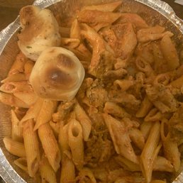Penne alla Vodka with chicken and tiny stale hard garlic knots