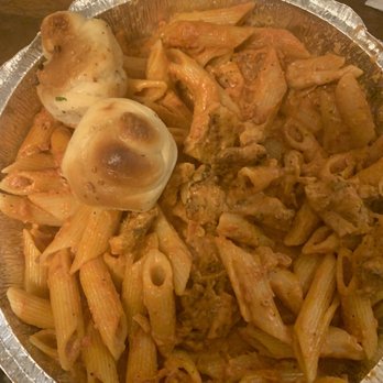 San Remo Pizzeria & Restaurant - Penne alla Vodka with chicken and tiny stale hard garlic knots - Pizza Near Me - Brooklyn, New York