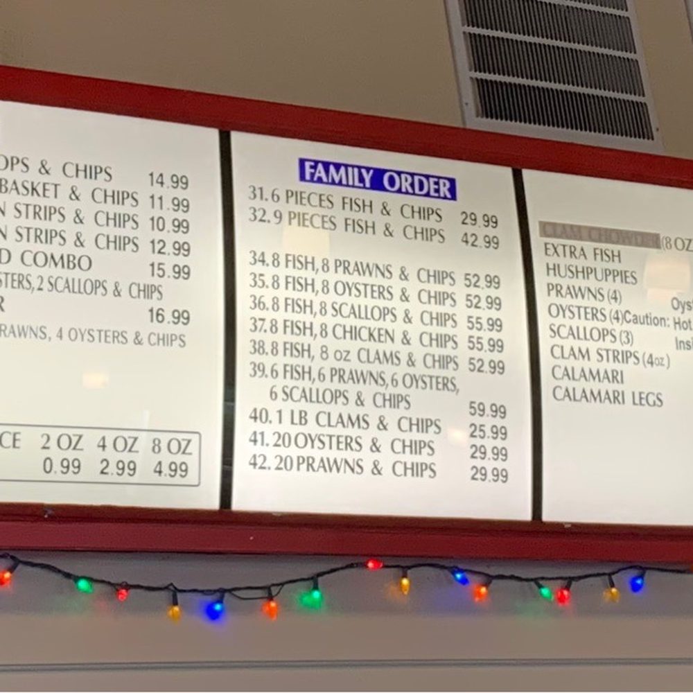 Anchors Fish & Chips - 12/23/2022:  Anchors Fish & Chips' full menu located above cash register. - Seafood Near Me - Roseville, California