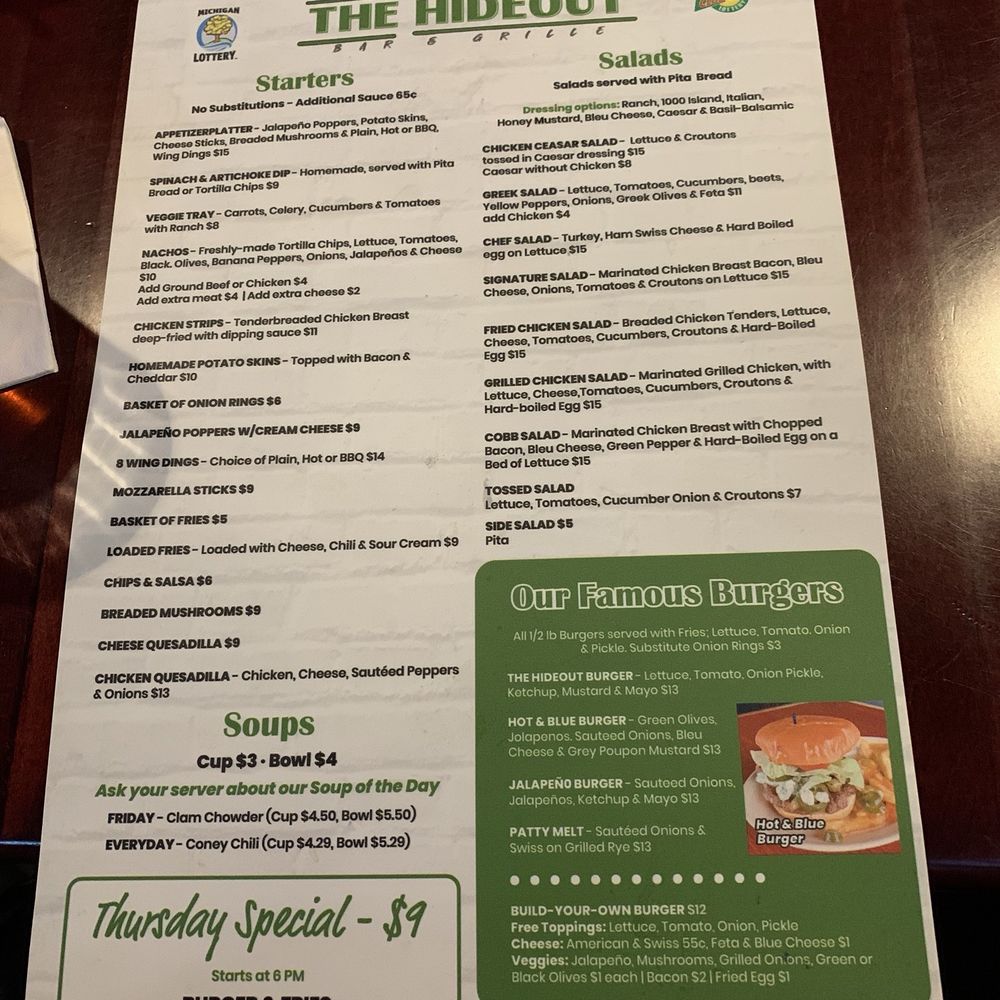 The Hideout - Menu - Sports Bars Near Me - Clawson, Michigan The Hideout - Menu - Sports Bars Near Me - Clawson, Michigan