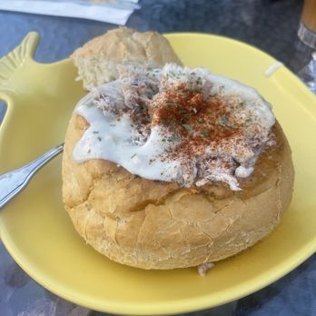 Brad's Restaurant - Clam chowder bread bowl with crab on top - Seafood Near Me - Pismo Beach, California