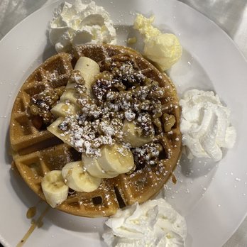 Nudy's Cafe - Chadds Ford - Belgian Waffles (with banana walnut) with 2 Eggs and Breakfast Meat - American Near Me - Chadds Ford, Pennsylvania Nudy's Cafe - Chadds Ford - Belgian Waffles (with banana walnut) with 2 Eggs and Breakfast Meat - American Near Me - Chadds Ford, Pennsylvania