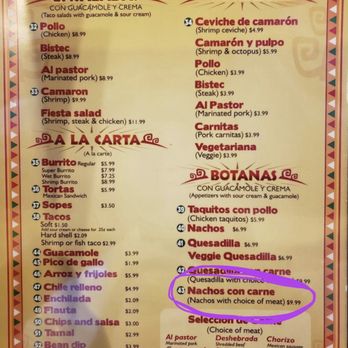 Fiesta Mexicana - Menu showing the nachos como carne price of 9.99 (charged 11.99) no we didn't ask for any changes do this item either! - Mexican Near Me - Sparks, Nevada Fiesta Mexicana - Menu showing the nachos como carne price of 9.99 (charged 11.99) no we didn't ask for any changes do this item either! - Mexican Near Me - Sparks, Nevada