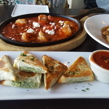 Greek Next Door - Top: Shrimp Skillet, Botton: Spanokopita - Wine Bars Near Me - Calgary, Alberta