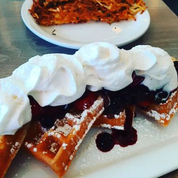Millie's Cafe - Pasadena - Blueberry Belgian waffle with strawberries and banana added. - Breakfast & Brunch Near Me - Pasadena, California