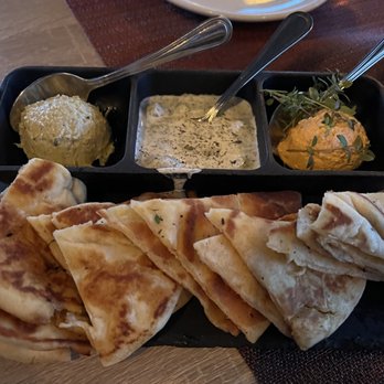 Beeside Balcony - Trio of Dips - Mediterranean Near Me - Del Mar, California Beeside Balcony - Trio of Dips - Mediterranean Near Me - Del Mar, California
