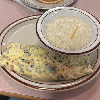 Harry's Breakfast Pancakes - Florentine Omelette and a side of Grits. - Pancakes Near Me - Myrtle Beach, South Carolina