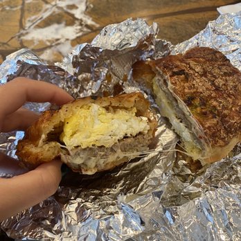 The Cup - Breakfast sandwich: jalapeño croissant, egg, cheese, sausage - Coffee & Tea Near Me - Oceanside, California