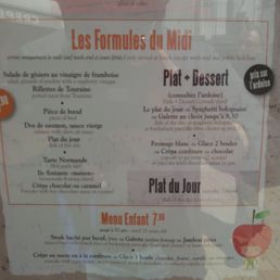 Portion of the posted menu showing the formules selections. Portion of the posted menu showing the formules selections.