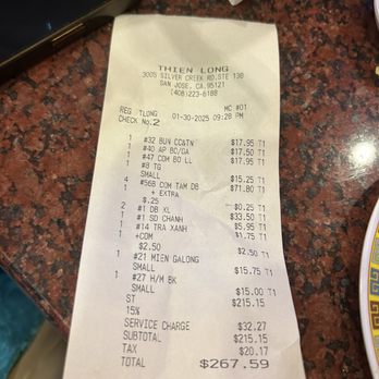 Thien Long - Our bill. The restaurant accepts cash or Zelle - Vietnamese Near Me - San Jose, California Thien Long - Our bill. The restaurant accepts cash or Zelle - Vietnamese Near Me - San Jose, California