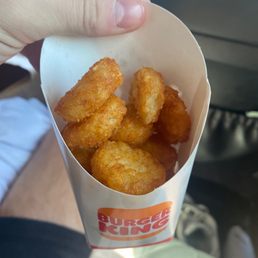 a hand holding a box of fried tater tots