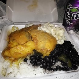 I just had this amazing lunch here. white rice with black beans and stew chicken with potatoes