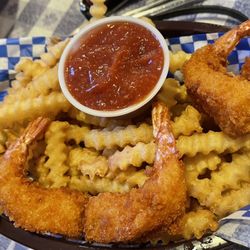 Ox Yoke Inn - Shrimp basket.  5 (one already eaten before pic) and fries.