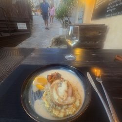 La Voute - Seabass in cream sauce with vegetable risotto.