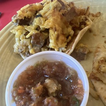 The Yesterday's Diner - Breakfast tacos with sausage. So good, but recommend getting the chili red sauce on the side. Thank you. - Breakfast & Brunch Near Me - Red River, New Mexico