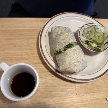 Honey Butter's Kitchen - Breakfast burrito with chicken and a side of pickled cucumbers - American Near Me - Williamsburg, Virginia