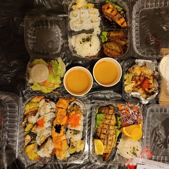 Miyozen - Specialty Rolls, Saba Shioyaki entree (bottom right), Volcano roll (middle) and Teriyaki Salmon Bento Box - Sushi Bars Near Me - Emeryville, California Miyozen - Specialty Rolls, Saba Shioyaki entree (bottom right), Volcano roll (middle) and Teriyaki Salmon Bento Box - Sushi Bars Near Me - Emeryville, California