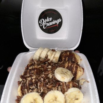 Dolce Cravings - Mini pancakes with banana, walnuts and chocolate syrup. - Desserts Near Me - Downey, California Dolce Cravings - Mini pancakes with banana, walnuts and chocolate syrup. - Desserts Near Me - Downey, California