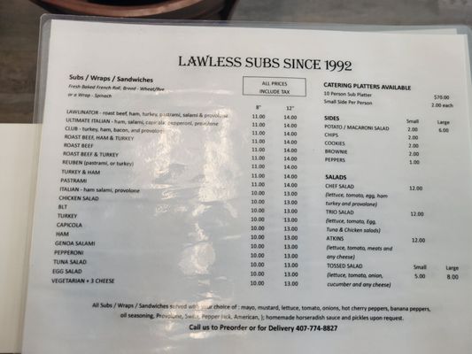 Menu photo 1 Lawless Subs Altamonte Springs, FL