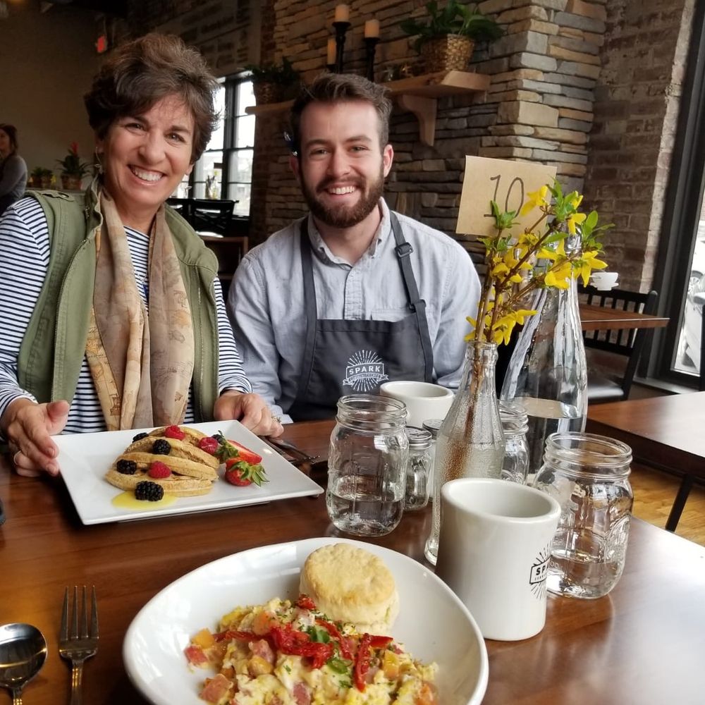Enjoyed the whole wheat waffles and "root vegetable egg scramble" special today at Spark Cafe for Brunch.