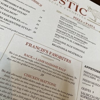 Rustic, Francis's Favorites - Restaurant menu - Italian Near Me - Geyserville, California Rustic, Francis's Favorites - Restaurant menu - Italian Near Me - Geyserville, California