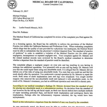 Leslie Memsic, MD, FACS - Letter from medical board of CA confirming Dr. Memsic deviated from the standard of care. - Oncologist Near Me - Beverly Hills, California Leslie Memsic, MD, FACS - Letter from medical board of CA confirming Dr. Memsic deviated from the standard of care. - Oncologist Near Me - Beverly Hills, California