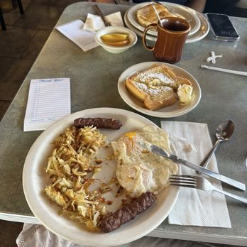 Country Boys Restaurants - Breakfast deal: hash browns, over easy eggs, sausage, French toast! - Diners Near Me - Phoenix, Arizona