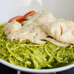 Shoreline Beach Club - Pesto Pasta with baked haddock.
