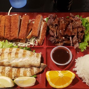 Okayama Express - Combination plate tonkatsu, beef teriyaki, seared mackerel - Japanese Near Me - San Jose, California Okayama Express - Combination plate tonkatsu, beef teriyaki, seared mackerel - Japanese Near Me - San Jose, California