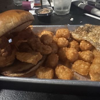 RailHouse Tavern - Maple bacon chicken sandwich with syrup and tater tots. So good! - Burgers Near Me - Cordele, Georgia RailHouse Tavern - Maple bacon chicken sandwich with syrup and tater tots. So good! - Burgers Near Me - Cordele, Georgia